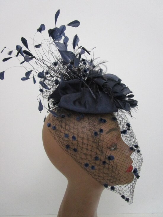 Flocked Veiled Cocktail Hat Silk Flower Feather Navy Wedding main image 9
